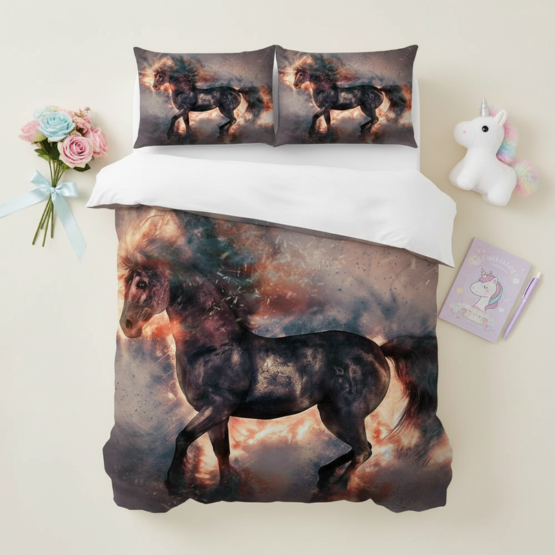 fire unicorn bedding - flat-lay