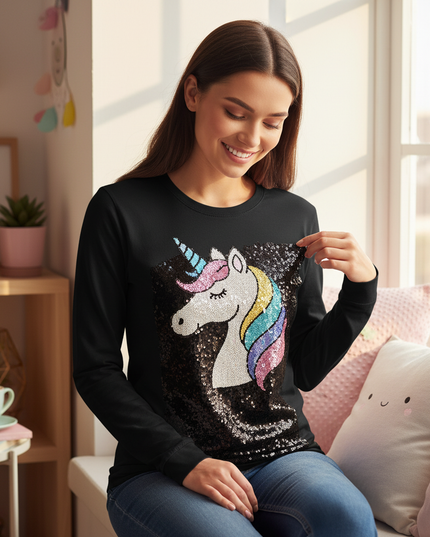 flip sequin unicorn shirt - in-use