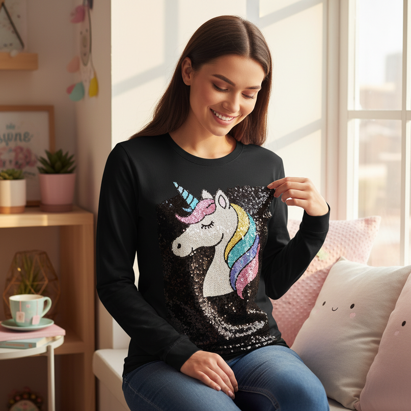 flip sequin unicorn shirt - in-use