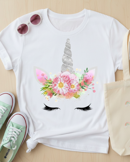 floral kawaii unicorn shirt - flat-lay