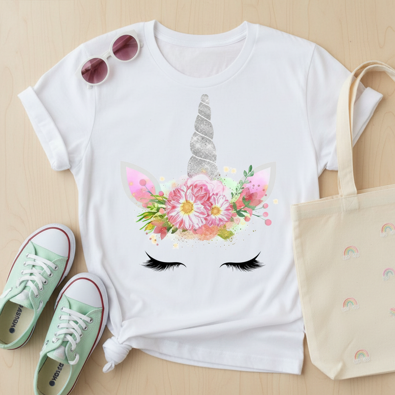 floral kawaii unicorn shirt - flat-lay