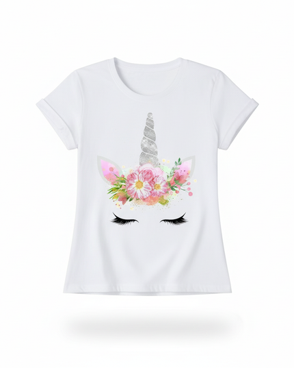 floral kawaii unicorn shirt - white-bg