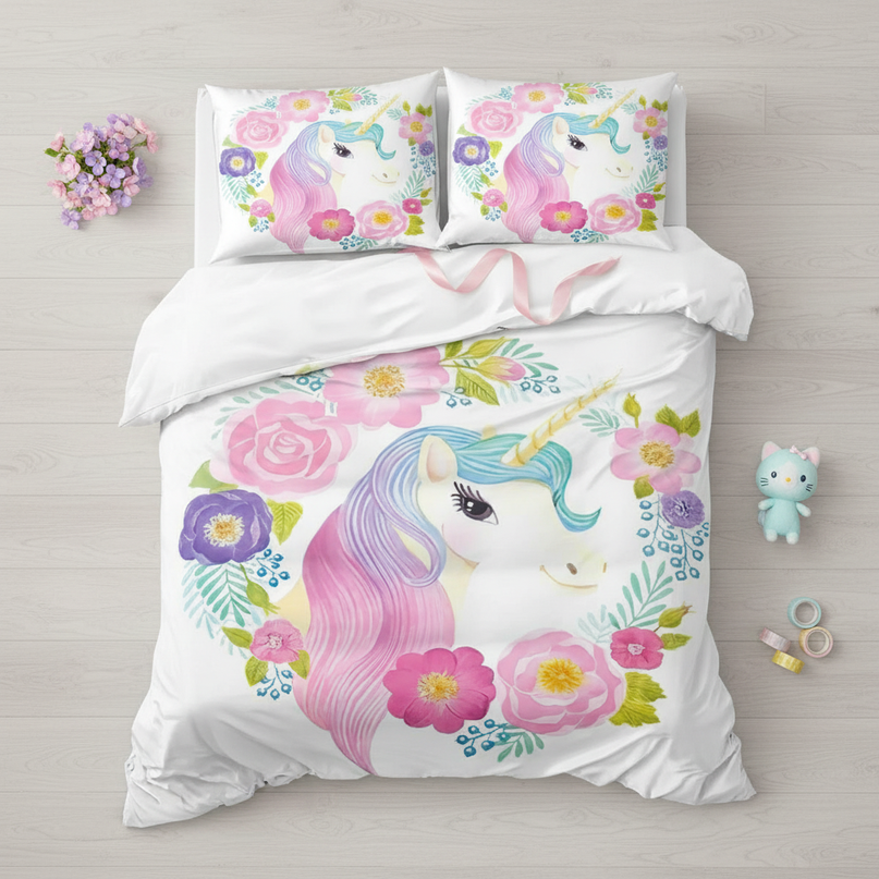floral mane unicorn bedding - flat-lay