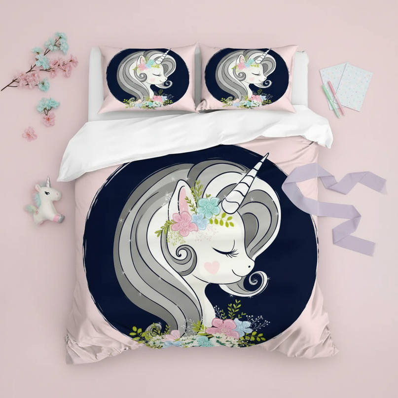 floral portrait unicorn bedding - flat-lay