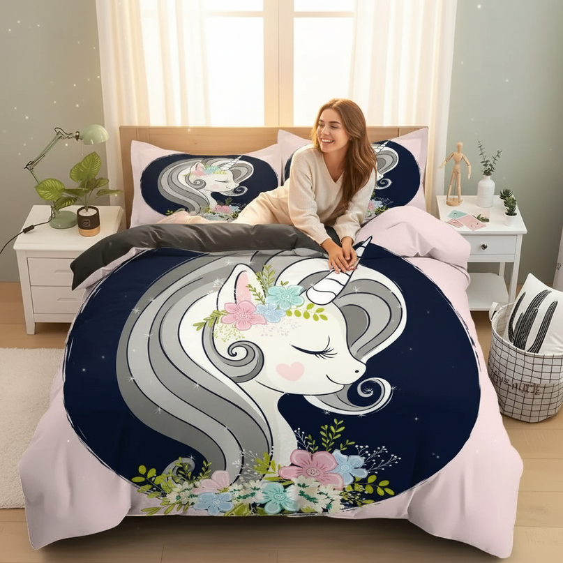 floral portrait unicorn bedding - in-use