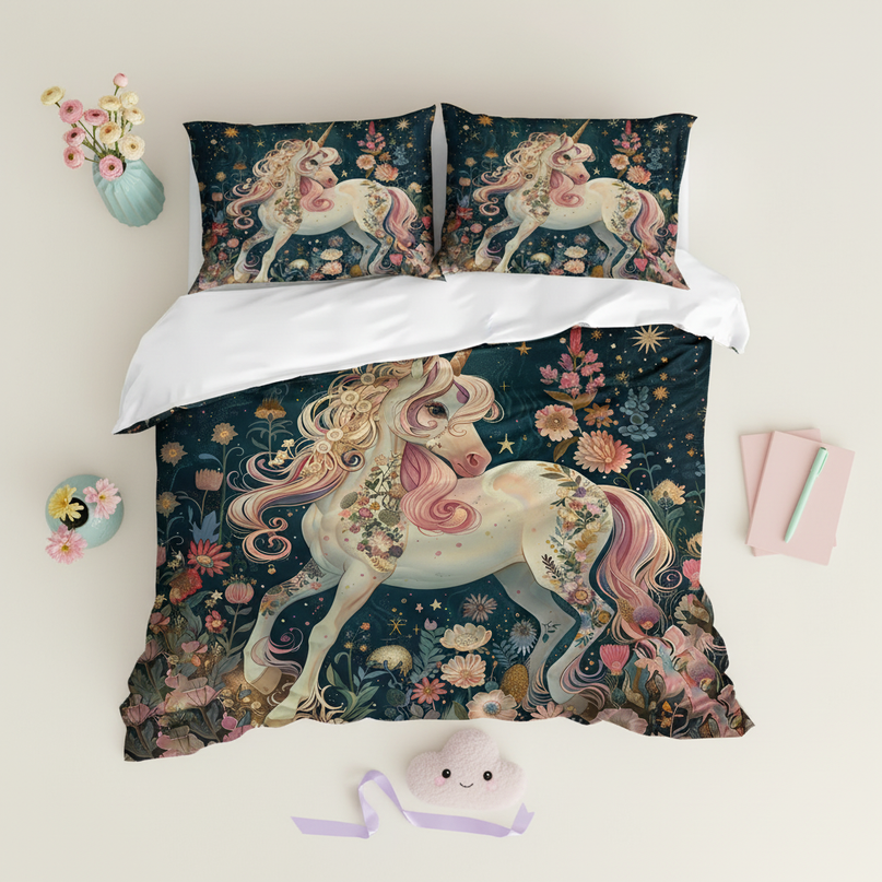 floral unicorn bedding - flat-lay