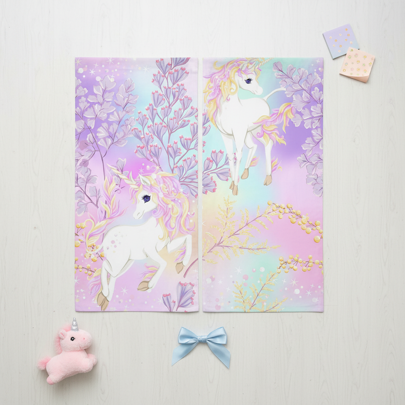 floral unicorn curtains - flat-lay