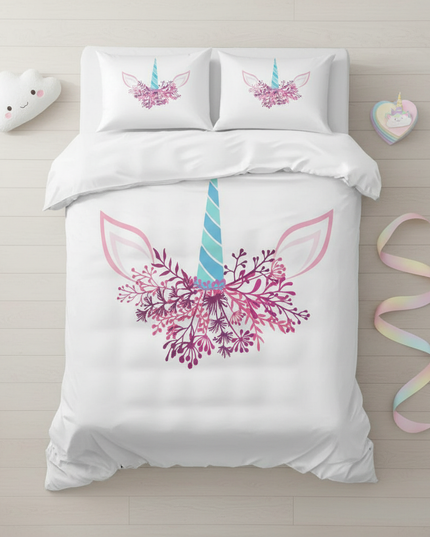 floral unicorn face bedding - flat-lay