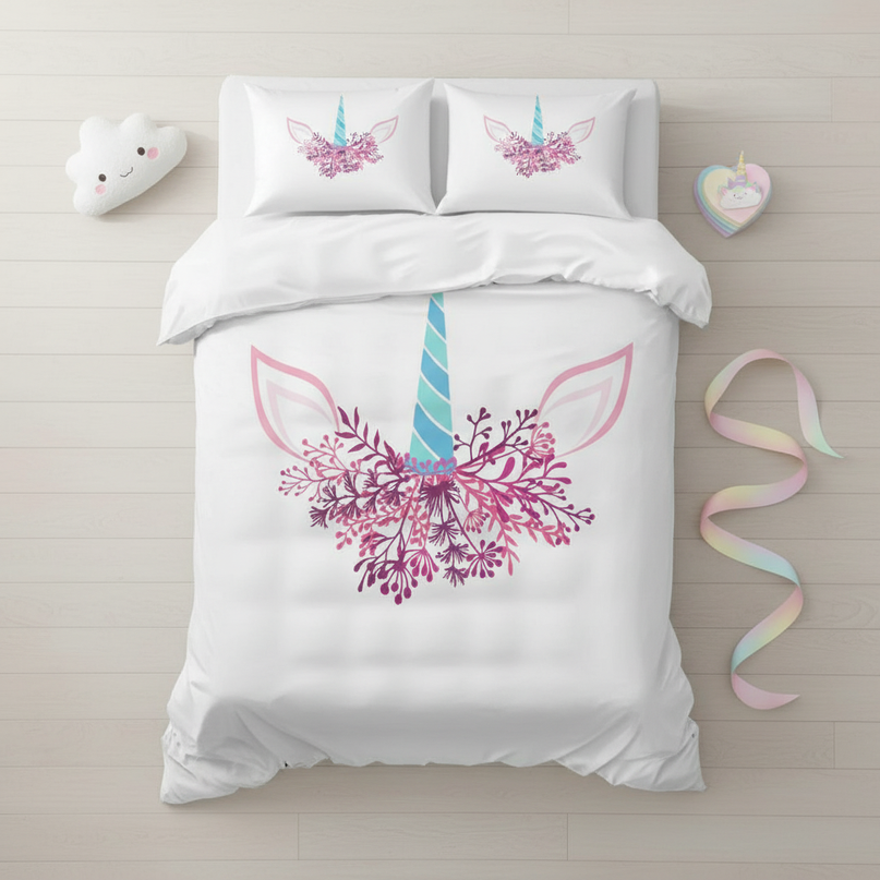 floral unicorn face bedding - flat-lay