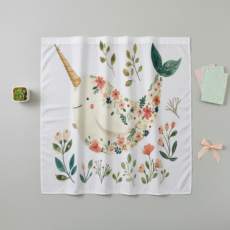 floral unicorn shower curtain - flat-lay