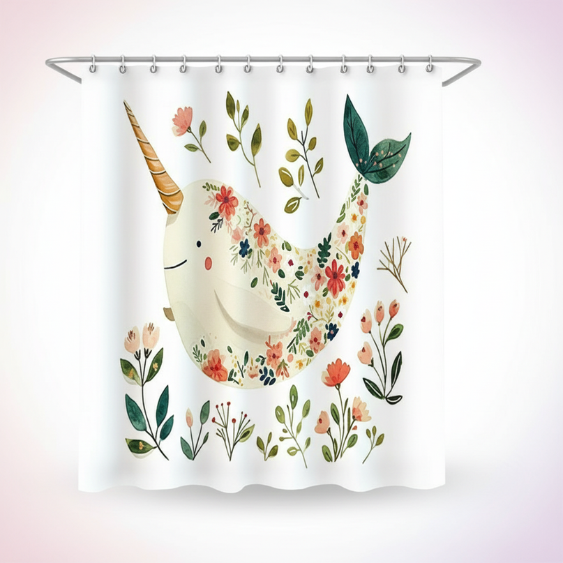 floral unicorn shower curtain - white-bg