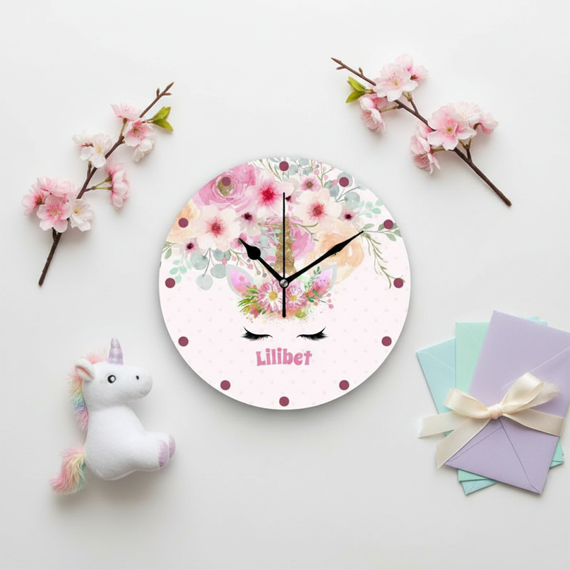 floral unicorn wall clock - flat-lay