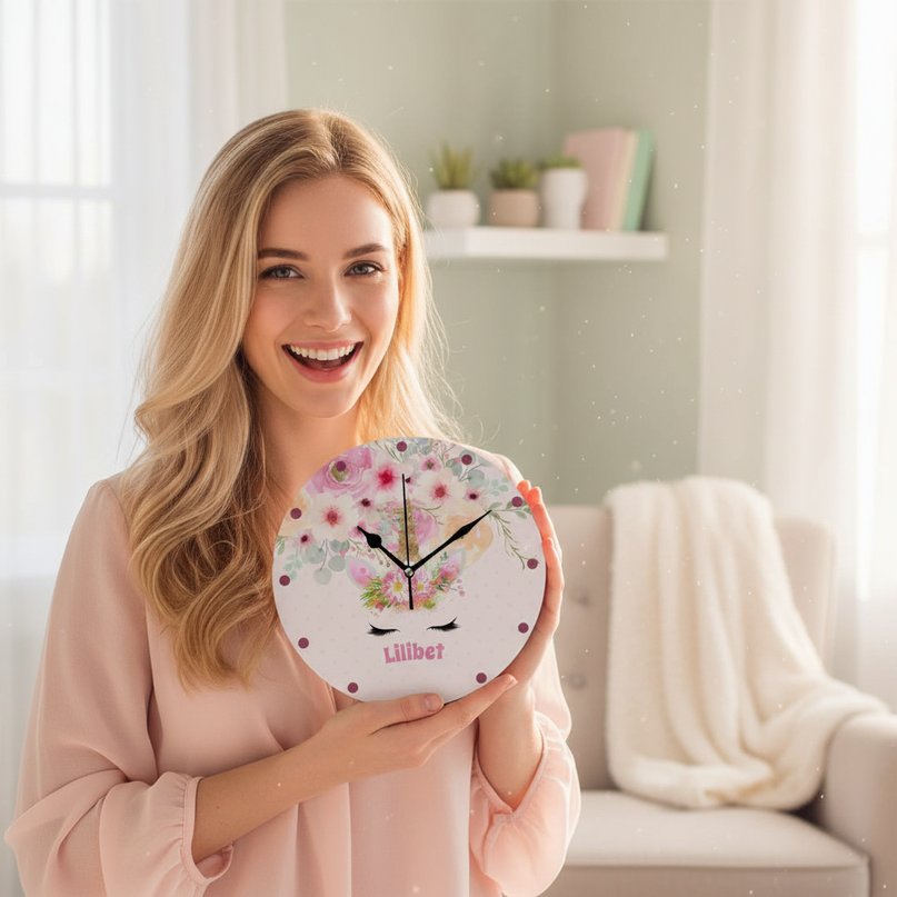 floral unicorn wall clock - in-use