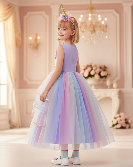 flower girl unicorn dress with headband - back
