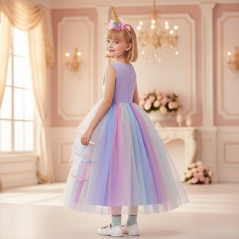 flower girl unicorn dress with headband - back