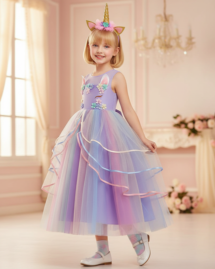 flower girl unicorn dress with headband - front