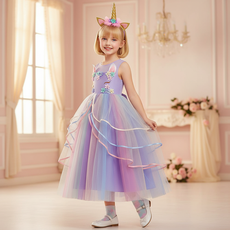 flower girl unicorn dress with headband - front