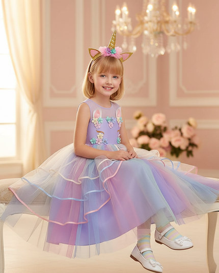 flower girl unicorn dress with headband - sitting