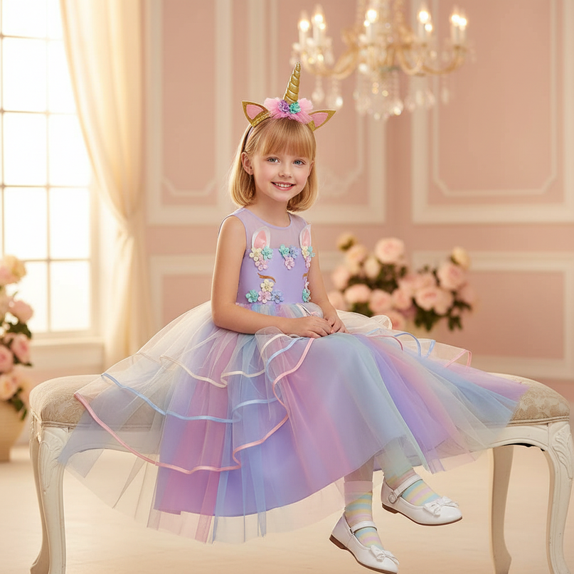 flower girl unicorn dress with headband - sitting