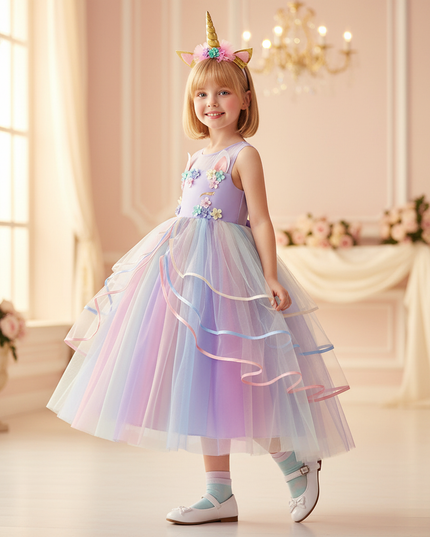flower girl unicorn dress with headband - three-quarter