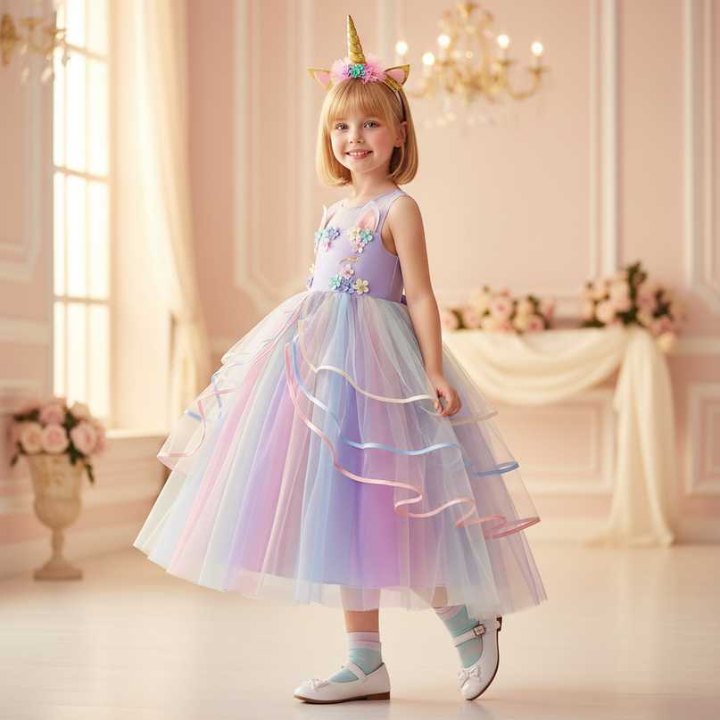 flower girl unicorn dress with headband - three-quarter