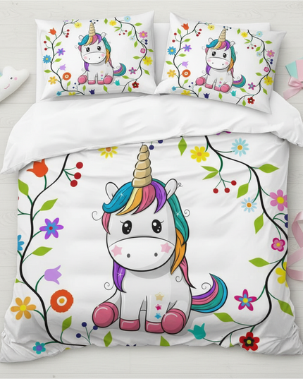 flower wreath kawaii unicorn bedding - flat-lay