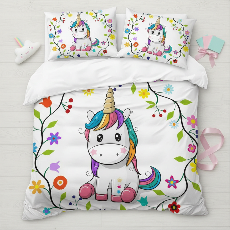 flower wreath kawaii unicorn bedding - flat-lay