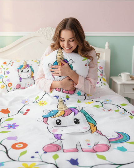 flower wreath kawaii unicorn bedding - in-use