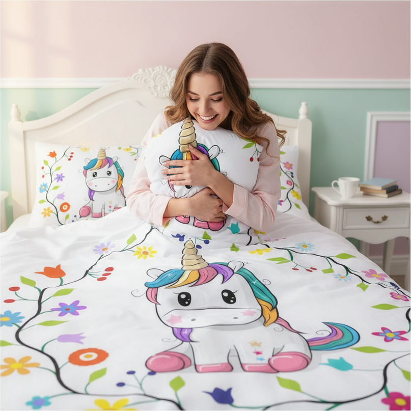 flower wreath kawaii unicorn bedding - in-use