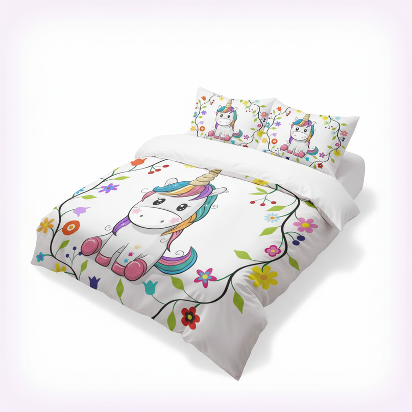 flower wreath kawaii unicorn bedding - white-bg