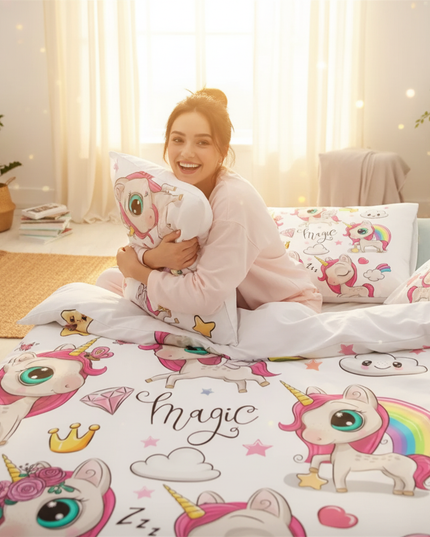 flower wreath sitting unicorn bedding - in-use