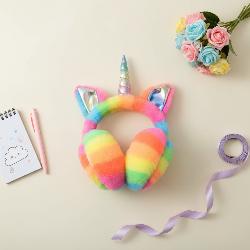 fluffy unicorn earmuffs - flat-lay