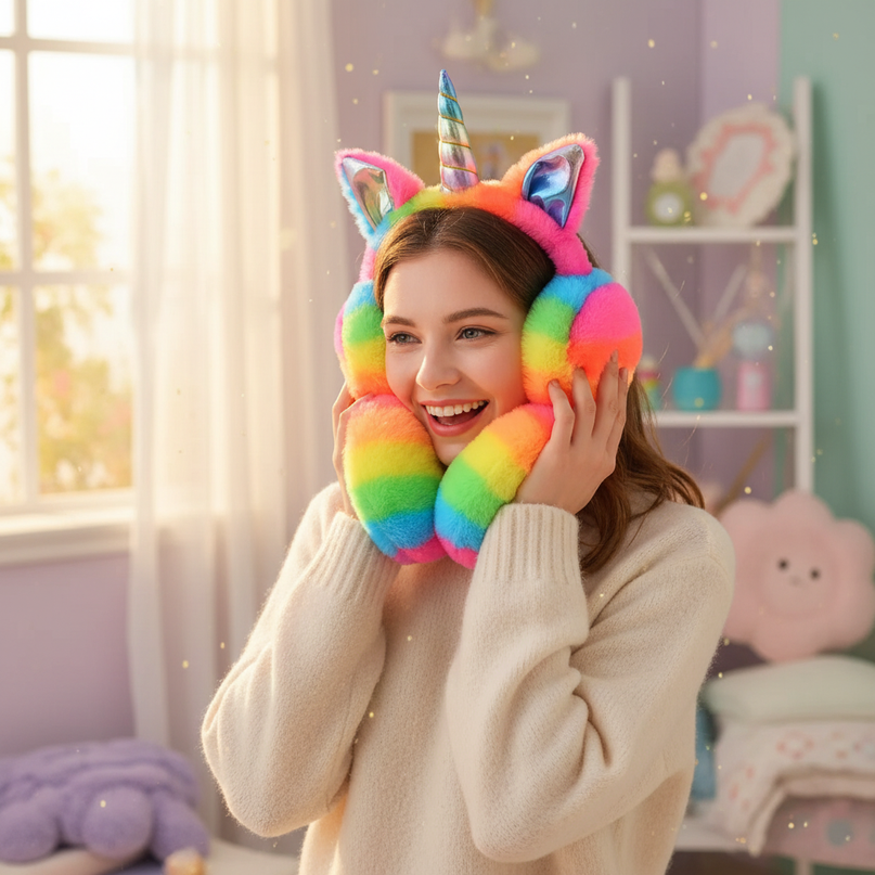 fluffy unicorn earmuffs - in-use