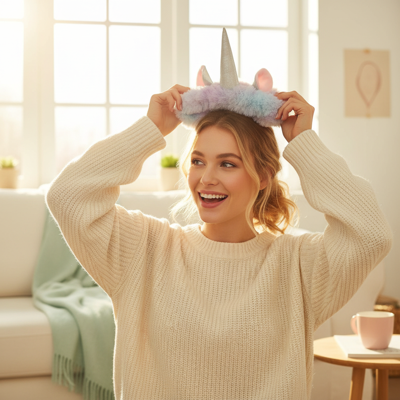 fluffy unicorn ears headband - in-use