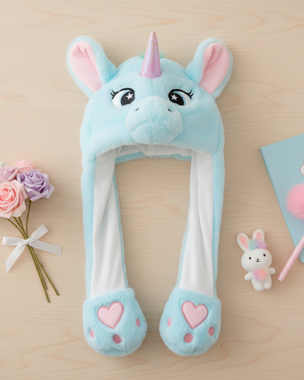 fluffy unicorn hat - flat-lay