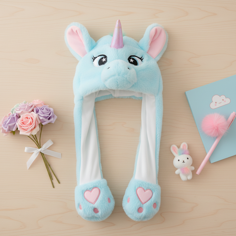 fluffy unicorn hat - flat-lay