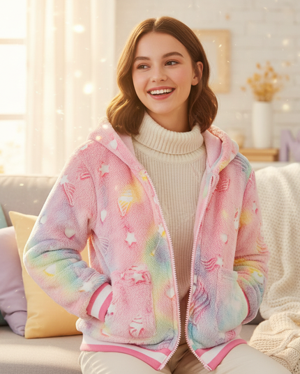 fluffy unicorn jacket - in-use