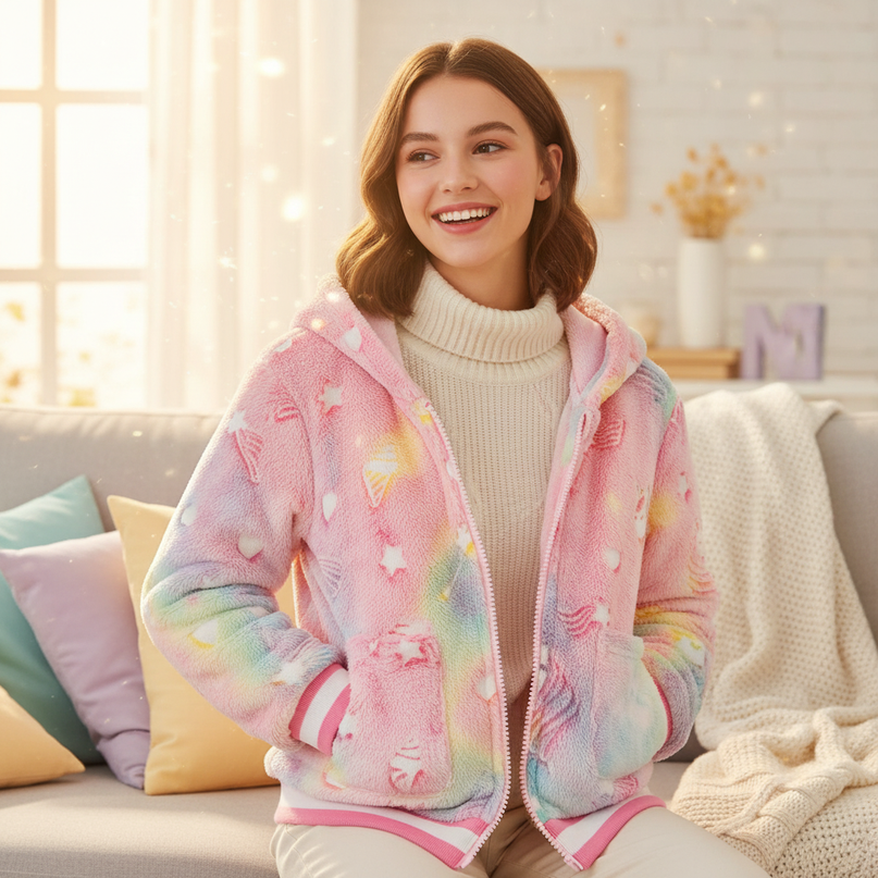 fluffy unicorn jacket - in-use