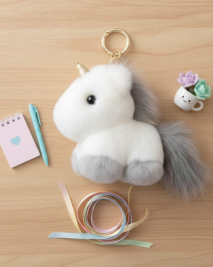 fluffy unicorn keychain - flat-lay