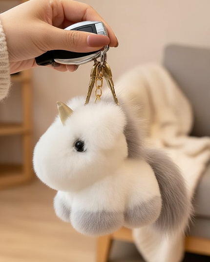 fluffy unicorn keychain - in-use