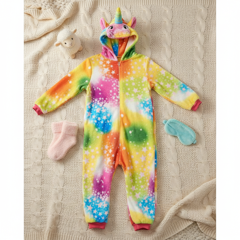 fluffy unicorn onesie - flat-lay