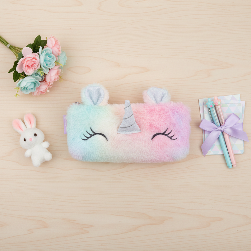 fluffy unicorn pencil case - flat-lay