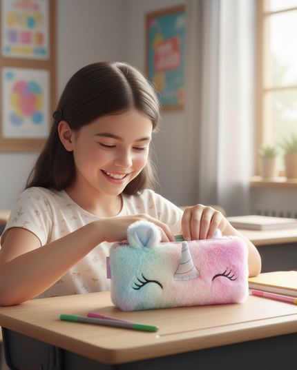 fluffy unicorn pencil case - in-use