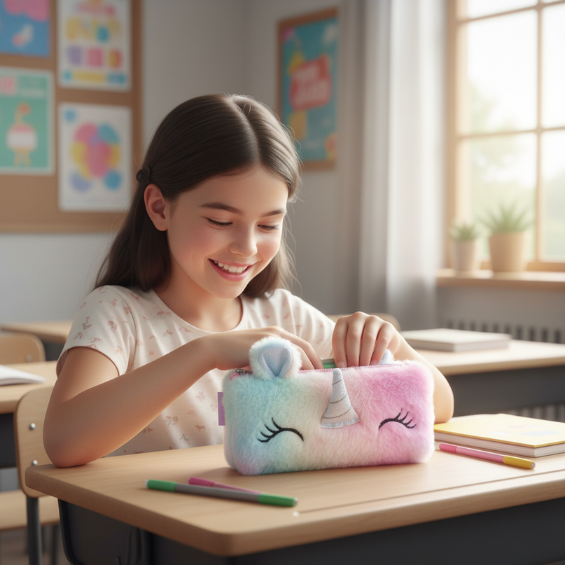 fluffy unicorn pencil case - in-use