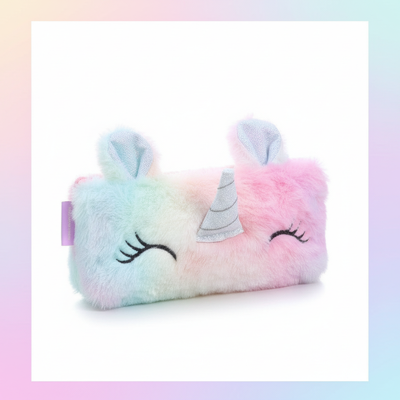 fluffy unicorn pencil case - white-bg