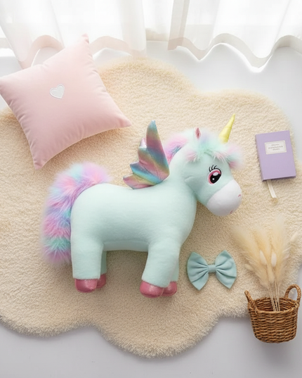fluffy unicorn plush - flat-lay