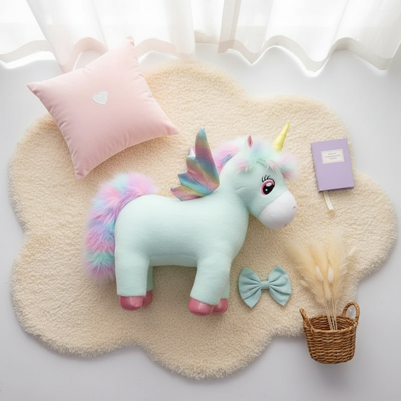 fluffy unicorn plush - flat-lay