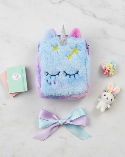 fluffy unicorn purse - flat-lay