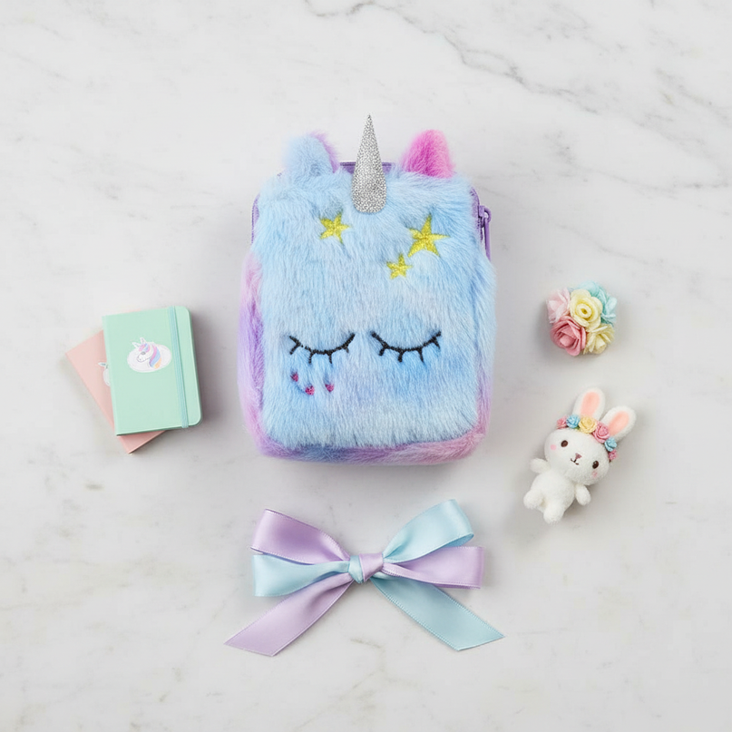 fluffy unicorn purse - flat-lay