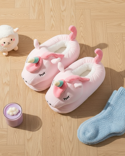 fluffy unicorn slippers - flat-lay